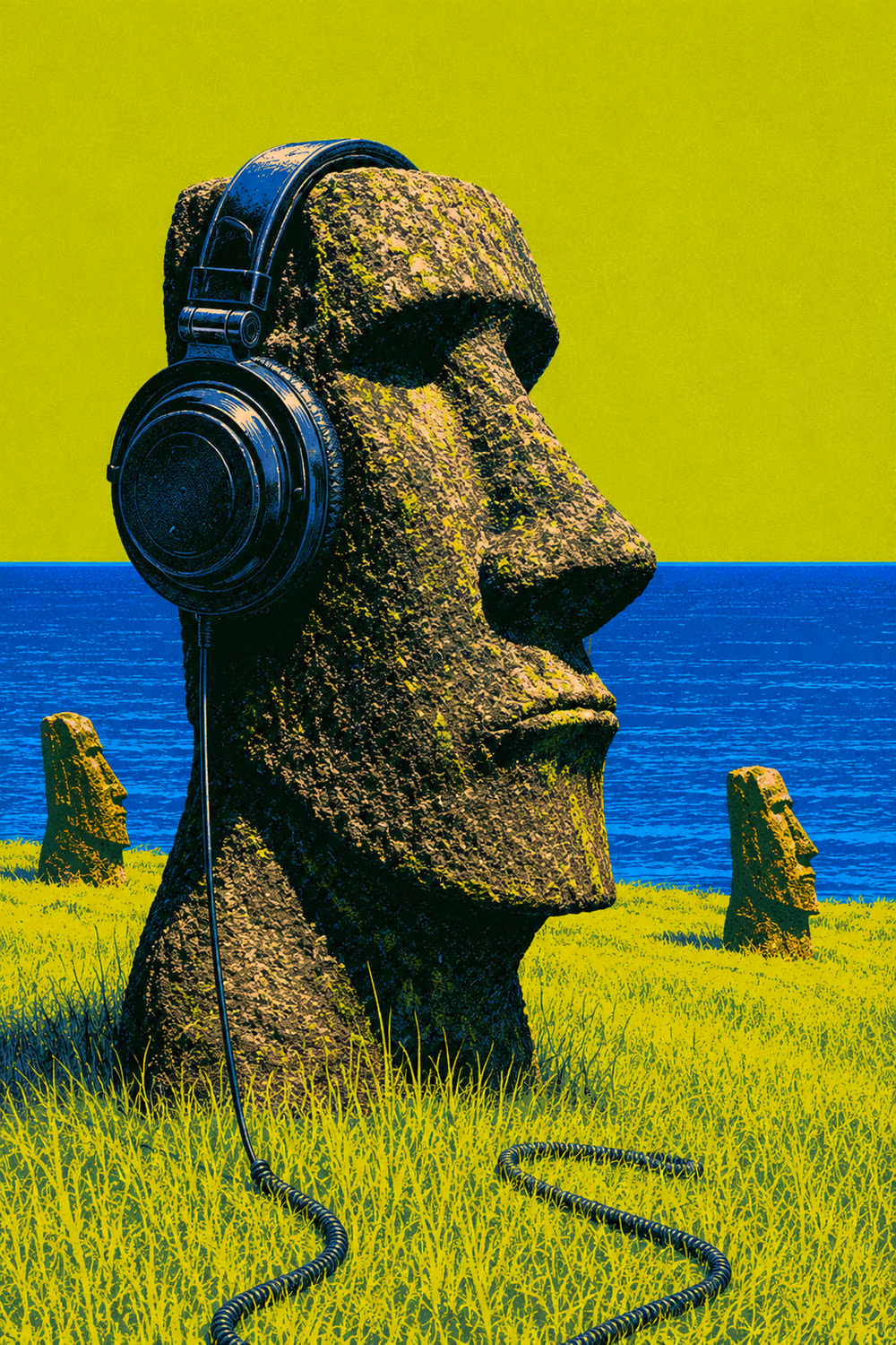05_moai_so_sluchadlami_6000x9000_600DPI Moai vibes - Metalický obraz – Obrázok 1