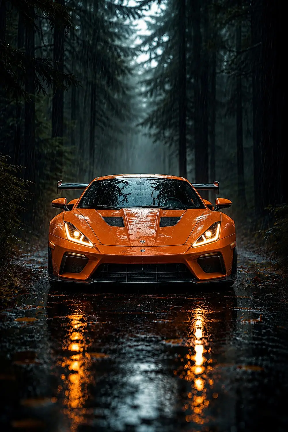 oranzova_superauto_v_dazdi_v_lese_6000x9000_600dpi Daždivo a rýchlo - Metalický obraz – Obrázok 1
